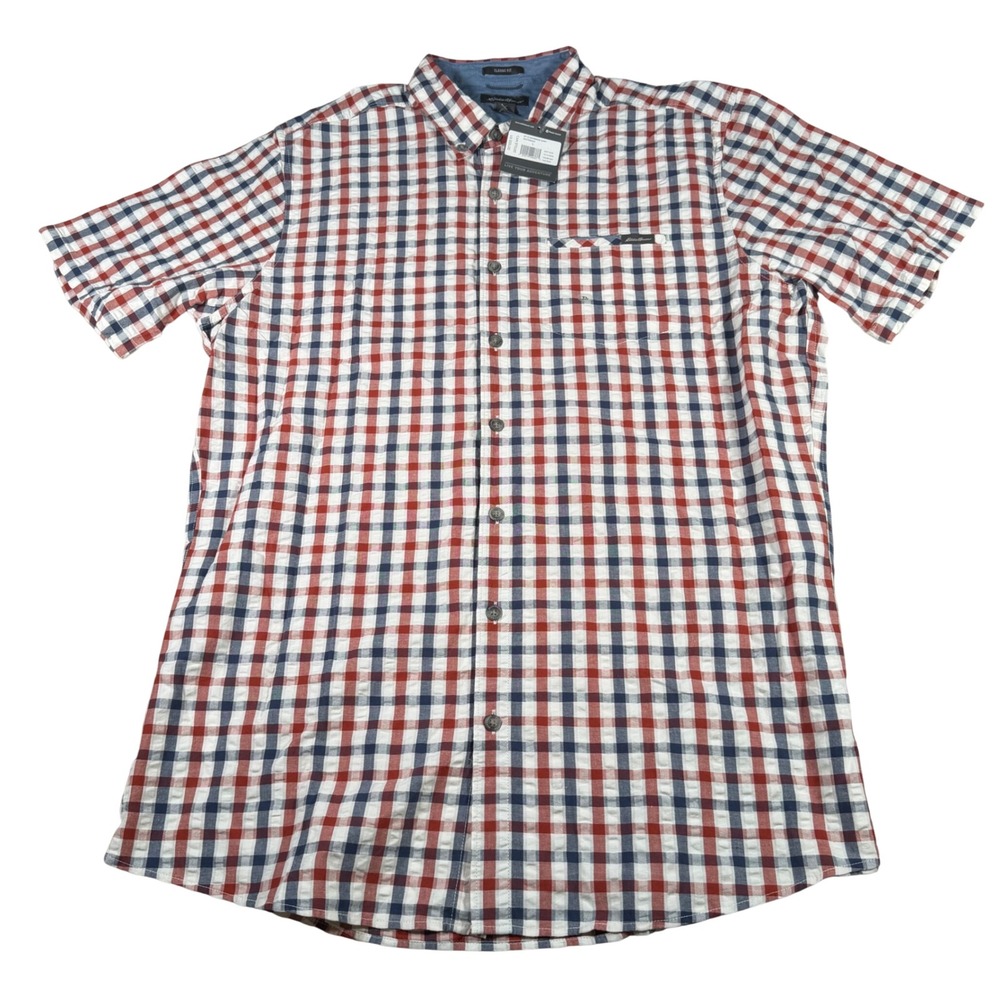 Eddie Bauer Bainbridge Shirt Mens Large Tall Red Blue Gingham Classic Fit NEW